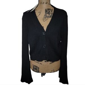 Skyooria Cropped Black Button Front Sweater Women Sz Large Butterfly Sleeves NWT